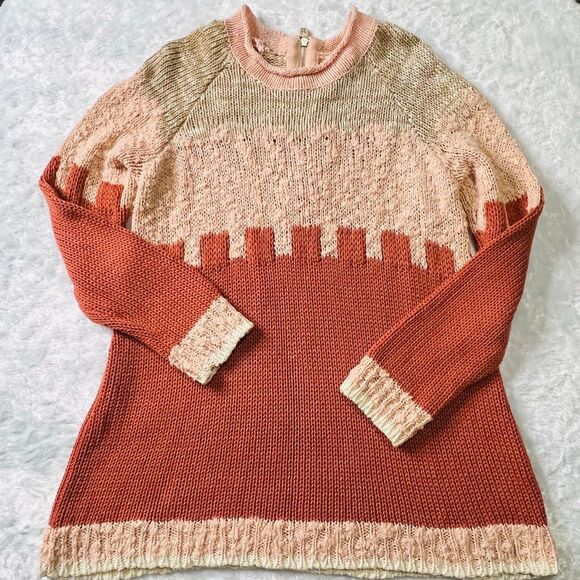Anthropologie Moth Womens Pink Rust Zip Back Knit Colorblock Sweater Size MP - Picture 1 of 7